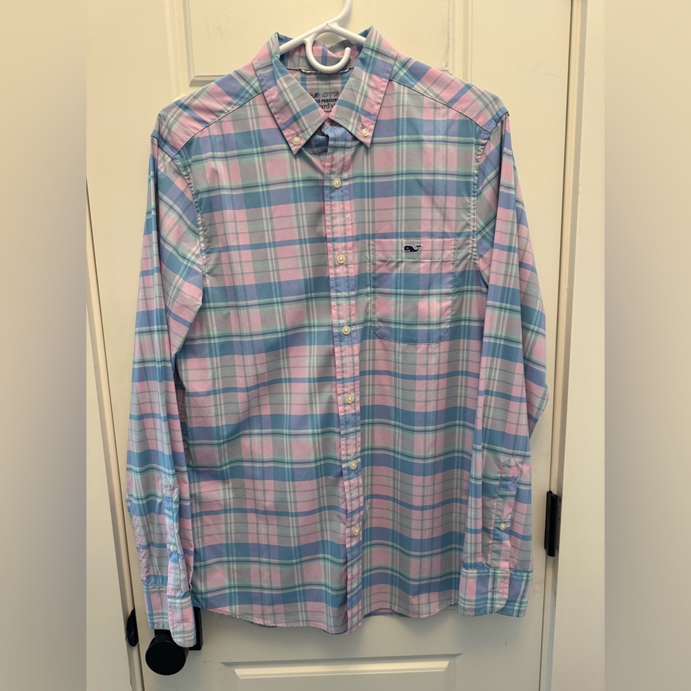 Vineyard Vines On The Go OTG Performance Blue/Pink Plaid Button Up Shirt Small